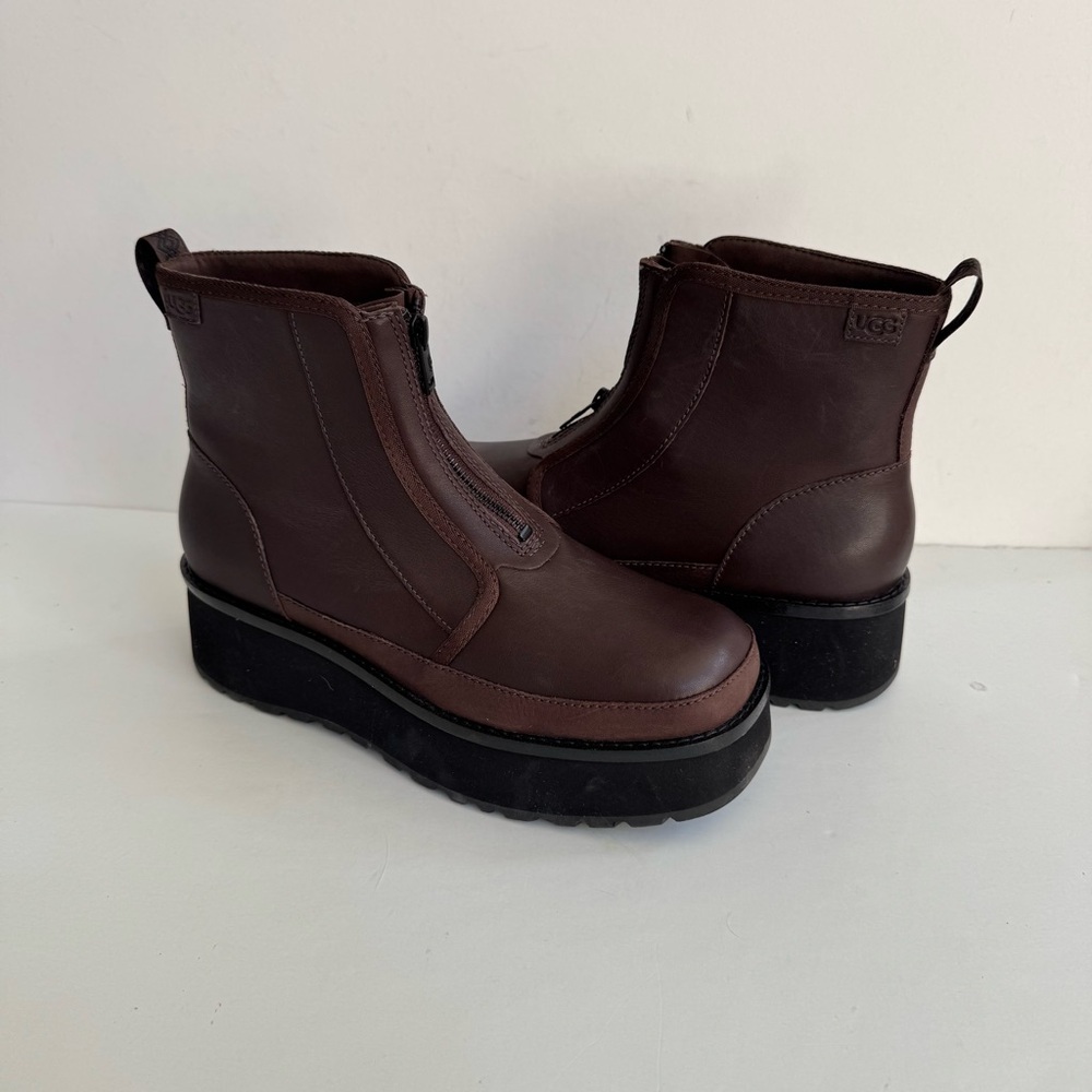UGG CITYFUNC ZIP BURNT CEDAR PLATFORM WATER-RESISTANT LEATHER BOOTS